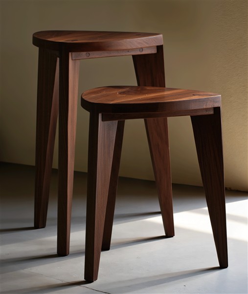 Orah tamnocrveni set Set od dve tamnocrvene hoklice od punog oraha, prikazane u svetlom minimalističkom enterijeru. Prikazuje kontrast crnog tona drveta sa čistim i jednostavnim linijama prostora.