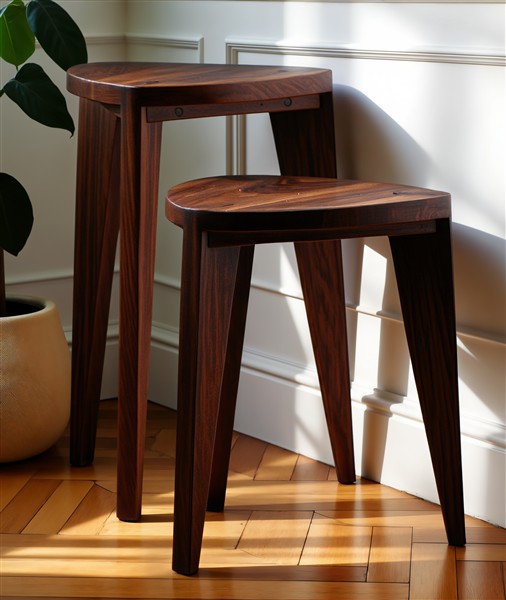 Orah tamnocrveni set Set od dve tamnocrvene hoklice od punog oraha, prikazane u svetlom minimalističkom enterijeru. Prikazuje kontrast crnog tona drveta sa čistim i jednostavnim linijama prostora.