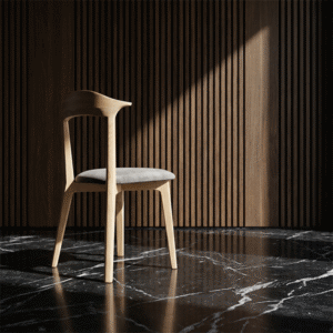 Italian mid-century minimalism meets modern luxury. The wooden chair is positioned alone on a dark Nero Marquina marble floor, backed by rich, floor-to-ceiling smoked