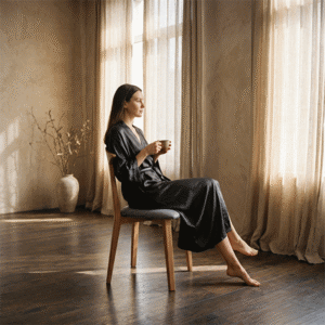 A serene Japandi morning scene captured on Kodak Portra 400. A stylish woman in a dark silk robe sits sideways on the wooden chair, cradling a ceramic espresso cup.