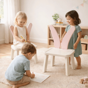 Dečija roze bela stolica u ambijentu sa decom