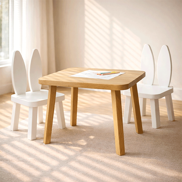 Little-Table-5 Dečiji sto u boji drveta sa dve male dečije stolice bele boje